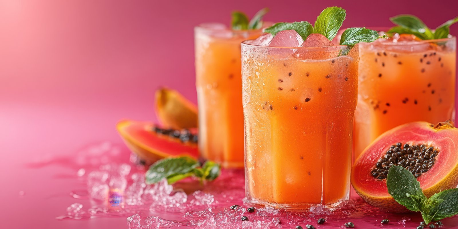 Refreshing papaya drinks served on ice with fresh mint against a vibrant pink backdrop